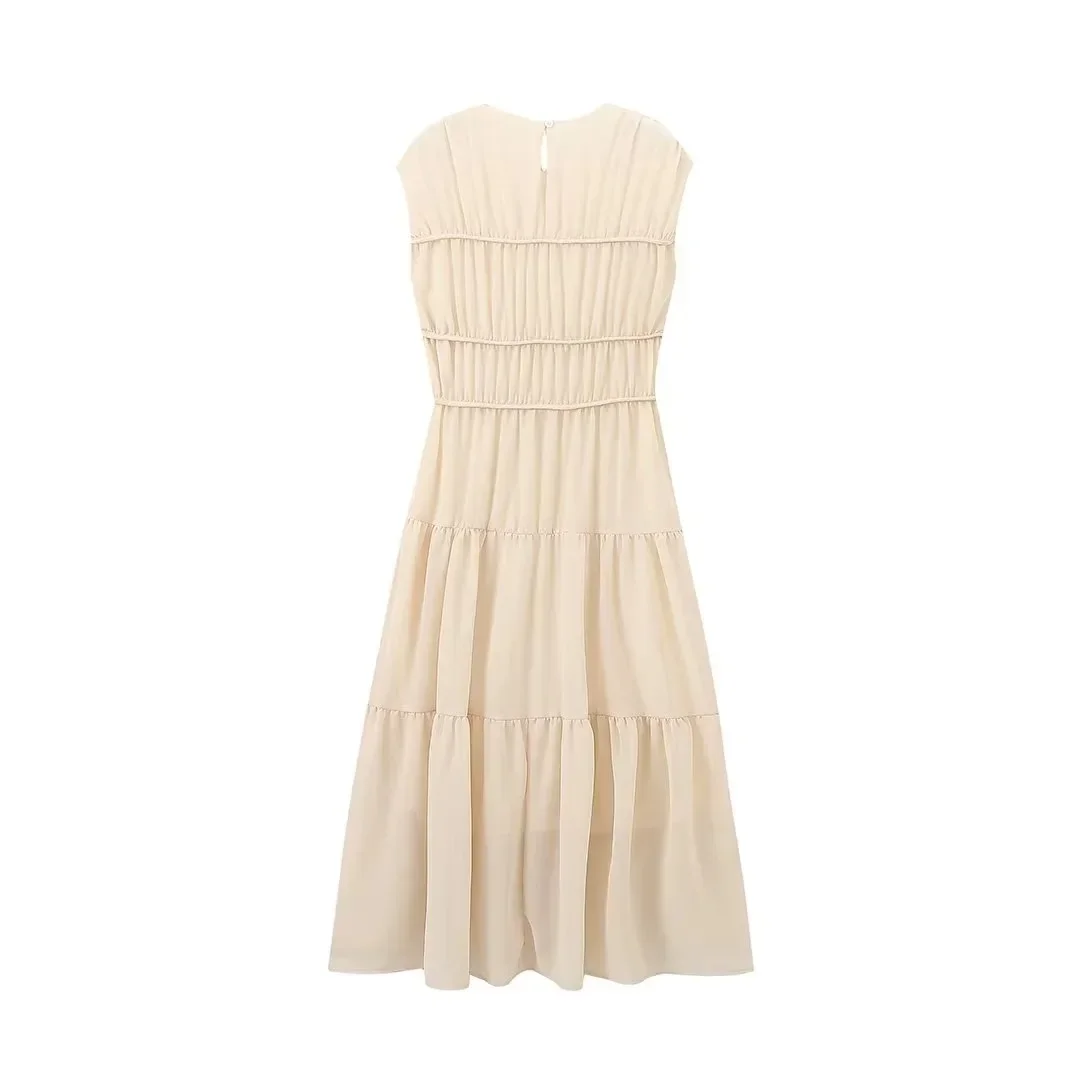 Женское платье без рукавов с круглым вырезом длинная форма морщинистая модная