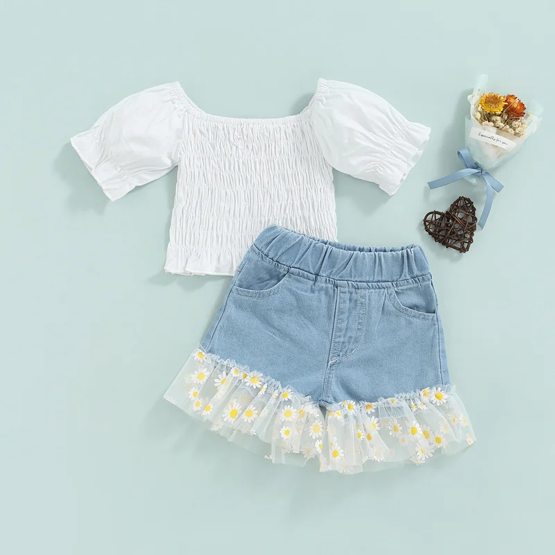 

Summer Outfits Fashion Casual 2Pcs Baby Girls Short Sleeve Square Collar Pleated Tops and Denim Shorts with Daisy Print Yarn Hem