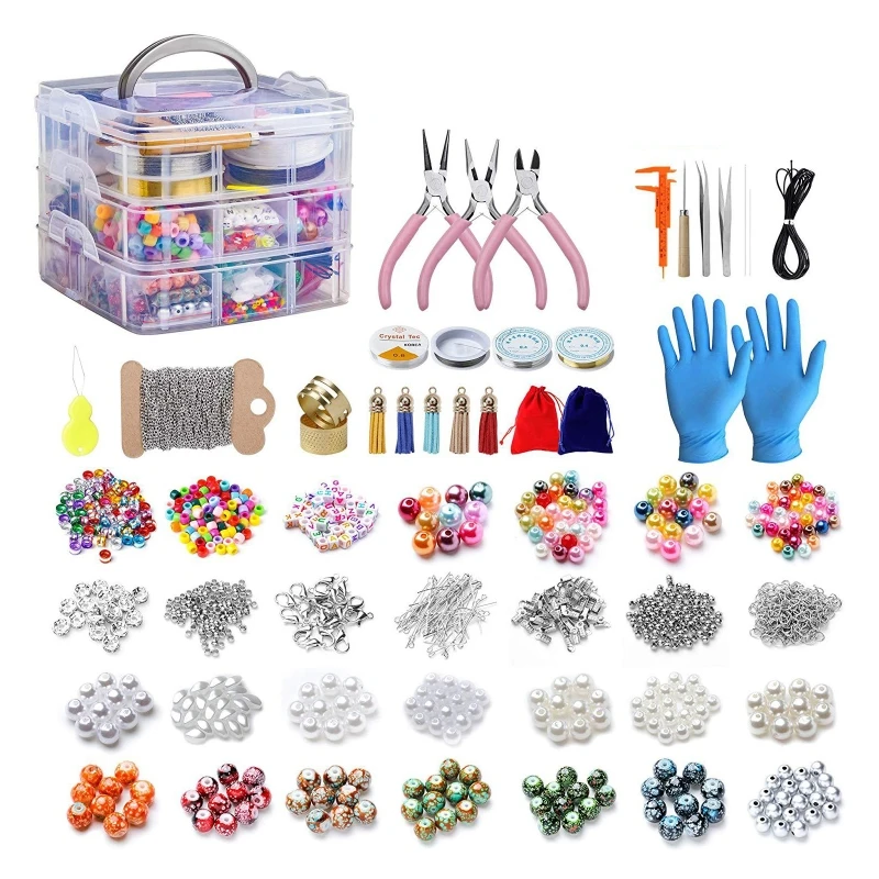 

2456Pcs IY Bracelet Earrings Jewelry Making Supplies Kit with Assorted Beads Charms Findings Wire Cord Pliers D