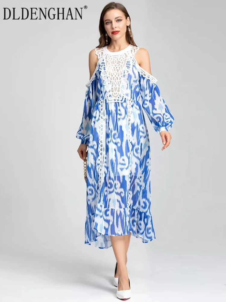 

Платье DLDENGHAN женское с круглым вырезом, открытыми плечами и рукавами-фонариками, синее платье-миди для отпуска, модное дизайнерское осеннее ...