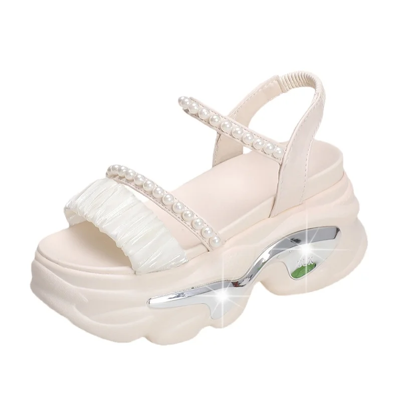 

Новинка 2023, женские туфли на очень высоком каблуке с искусственным жемчугом, милые сандалии на толстой танкетке, женские туфли