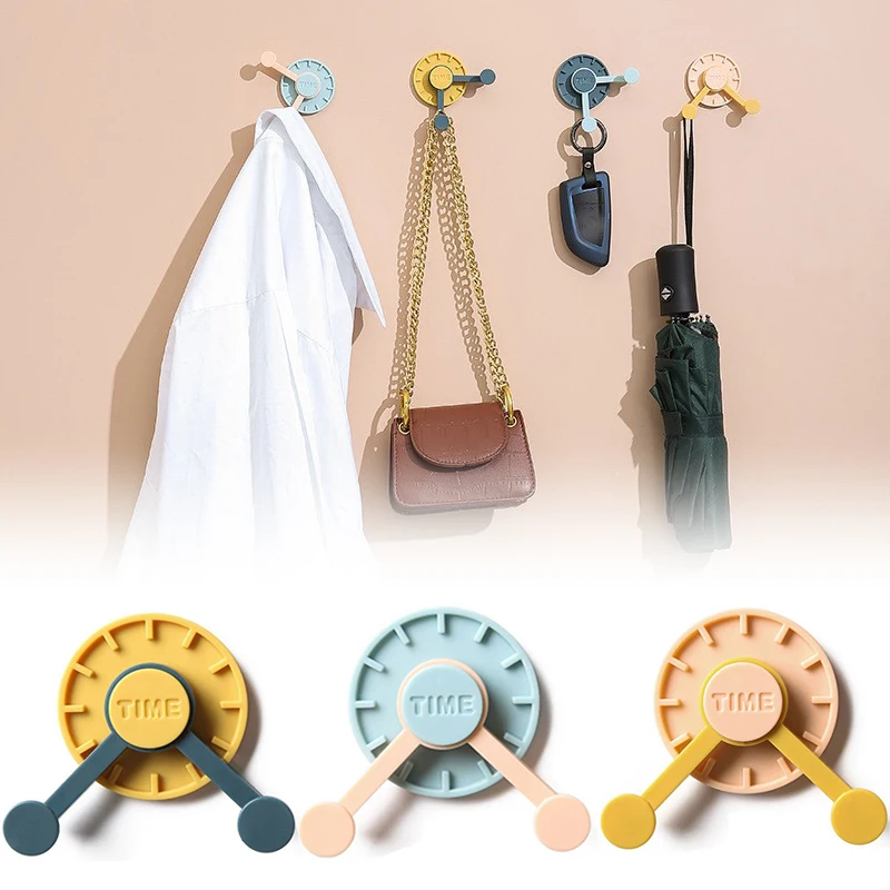 

360° Rotating Clock Hook Free Punching Strong Self-adhesive Hook Kitchen Wall Hanger Bathroom Towel Rack Creative Storage Tool