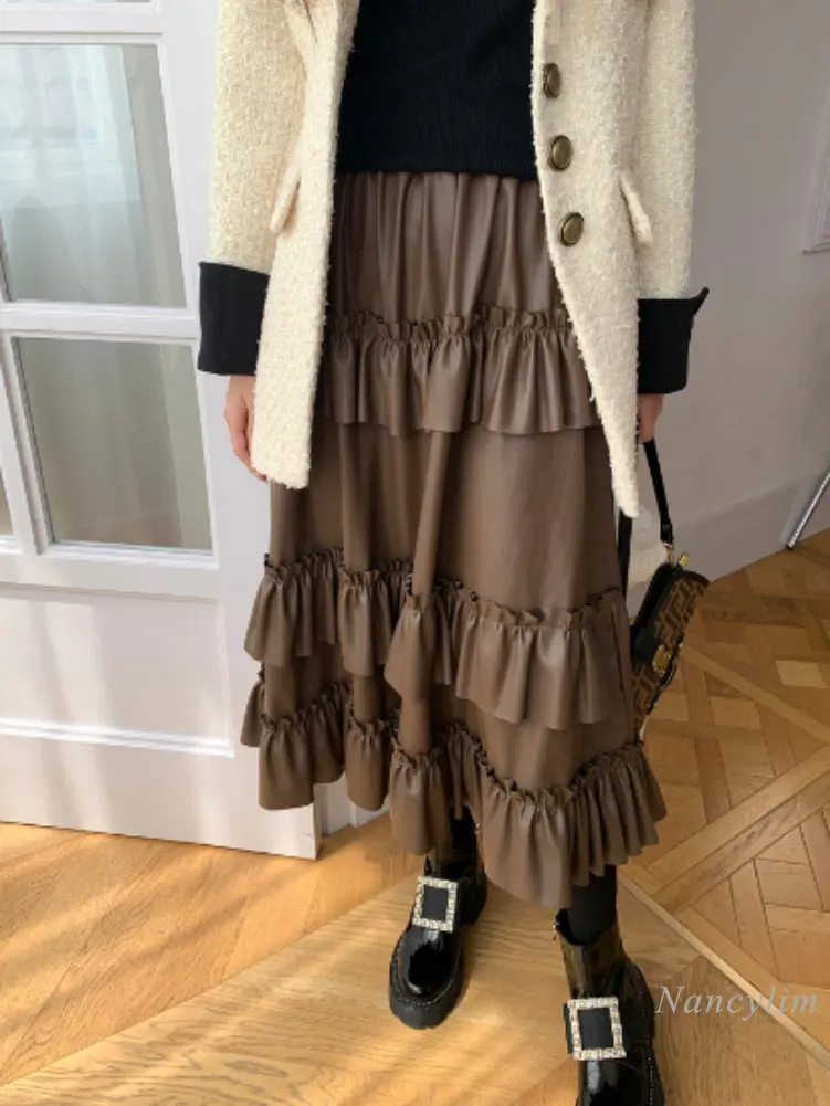 

Coffee Color Leather Skirt for Wome Mid-Length High Waist Slimming Winter Wear Ruffled All-Matching PU Leather Skirts 2023