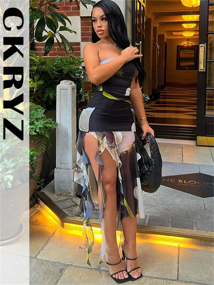 

Ladies Autumn Floral Print New Fashion Sleeveless Backless Tube Sexy Bodycon Y2K Midi Dresses For Women Vacation Night Clubwear