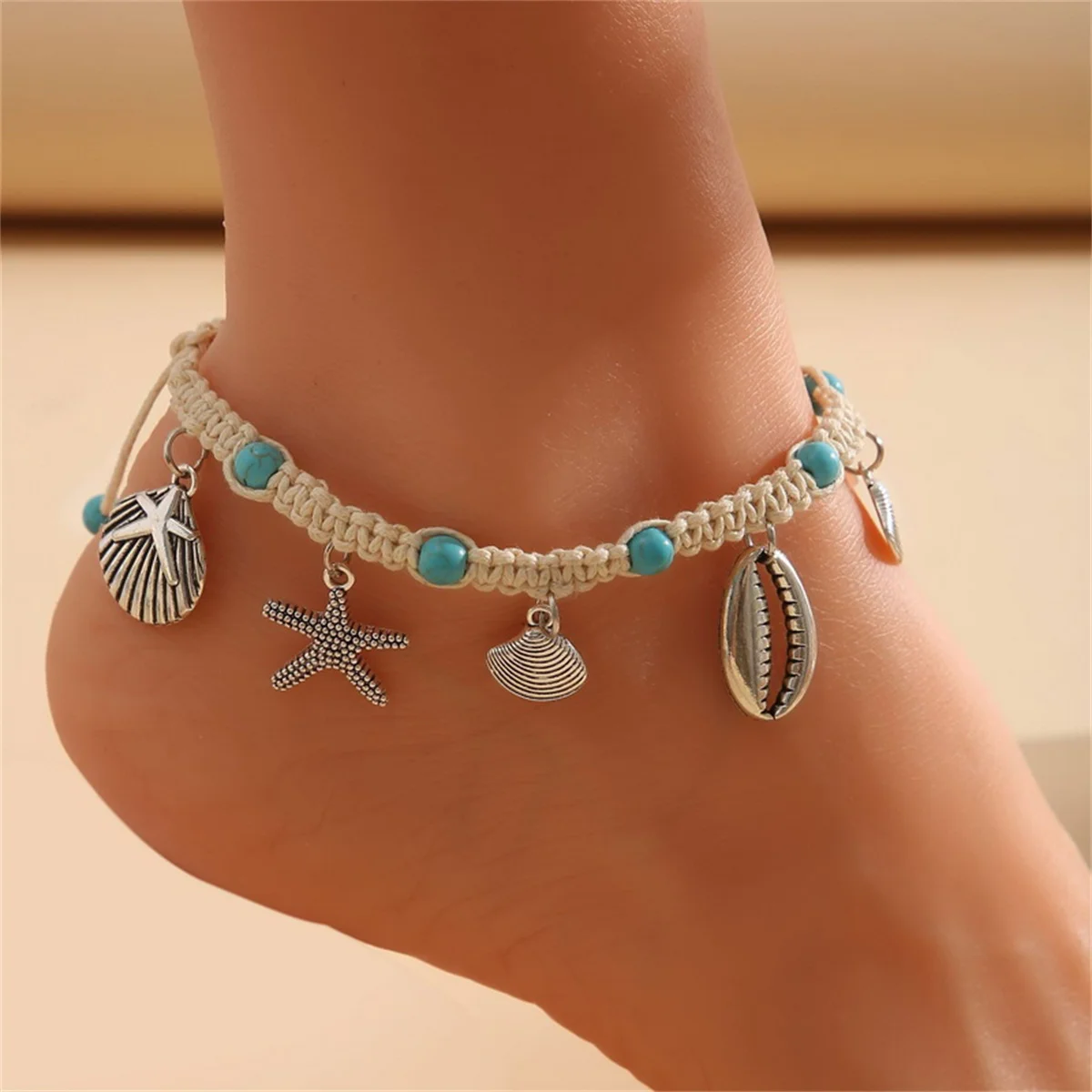 

Bohemia Metal Shell Starfish Anklets For Women Handmade Woven Rope Chain Wave Sandals Barefoot Beach Ankle Bracelet Foot Jewelry