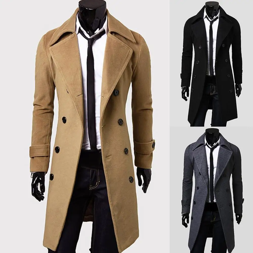 

Fashion Men Solid Color Long Sleeve Lapel Button Overcoat Coat Outwear