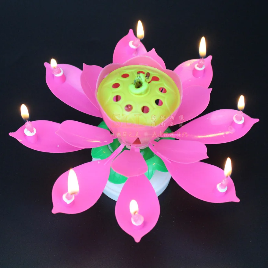 Artificial Lotus Music Candle Blossom Birthday Party Cake Topper Decoration Flat Bottom Rotating Electronic |