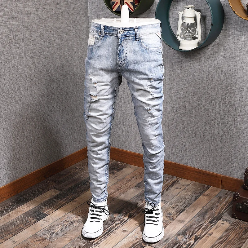 

Jeans Pria Ala Jalanan Mode Jeans Sobek Pas Badan Elastis Hitam Abu-abu Retro Celana Denim Kasual Desainer Antik Pria Hombre