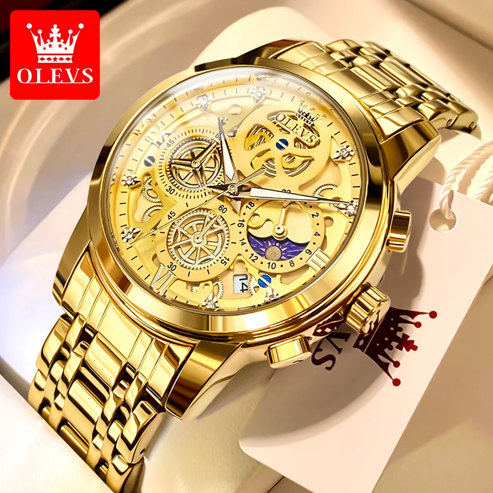 

OLEVS 9947 Men's Watches Top Brand Luxury Original Waterproof Quartz Watch for Man Gold Skeleton Style 24 Hour Day Night Clock