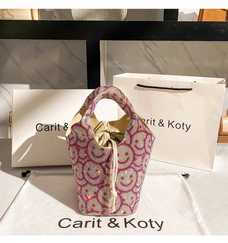 Cute Cartoon Printing Glitter Diamond Rhinestone Bucket Bag Crystal Shiny Evening Clutch Bag Party Bling Purse Women's Handbag