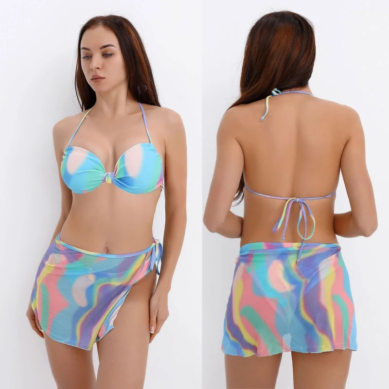 

Ladies Split Swimsuit Comfortable Fashion Printed 3-Piece Knotted Swimming Suit Push Up Wrap Beachwear Gather Bikini Set 24BD