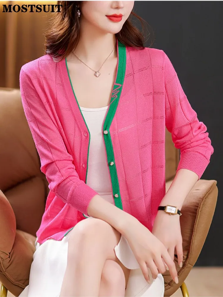 

Sunscreen Thin Knitted Sweater Cardigan Women 2023 Summer Autumn Fashion Elegant Chic Tops Knitwear Long Sleeve Ladies Jumpers