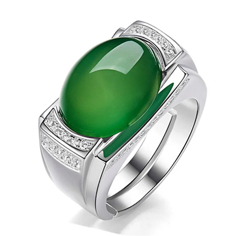 

Green Agate inlaid chalcedony crystal ring grandmother emerald retro index finger opening adjustable ring