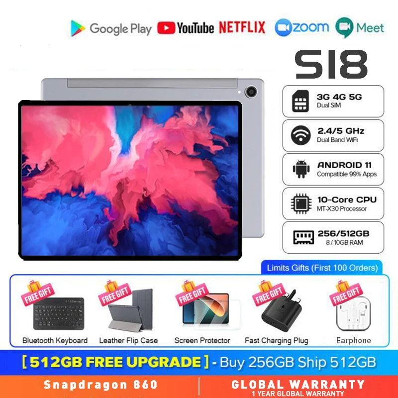 

Global Snapdragon 860 Tablet Android 11.0 12GB+512GB HD Screen Tablette 5G Sim Dual, Google Play, GPS, Bluetooth, WiFi, Netbook