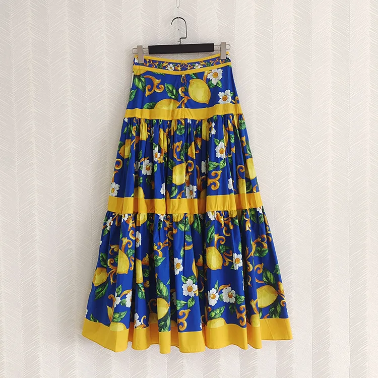 Lemon Printed Fashion Cotton Fabric Women Long Skirts High Waist Blue Color Lady Retro Ball Gown  Skirt Vestidos