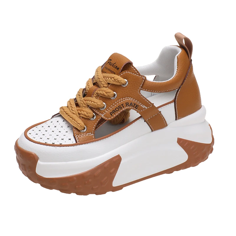 Women Lace-up Chunky Sneakers Platform Wedge Comfort Sports Shoes Fashion 6CM Leather Breathable New Summer Hollow Leisure Shoes