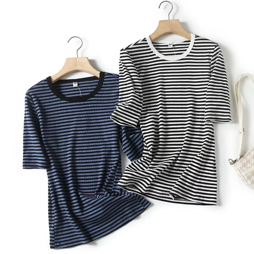 

Dave&Di Simple Csual Striped Knitted Rib Top Summer Basic Fashion T-shirt Women S-XL