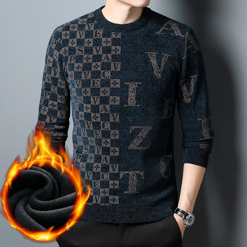 

Chenille Fleece Thick Knit Sweater Men Round Neck Warm Casual Pullover Winter Korean Style Fashion High End Men's Clothing