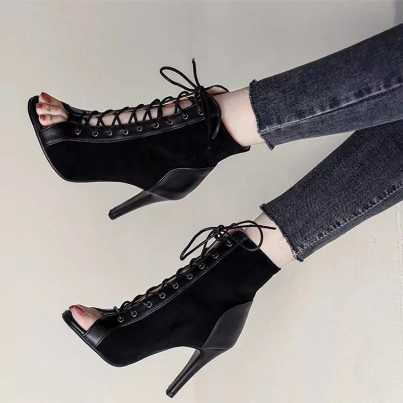 

2023 Trend Black Sexy Lace-Up Sandals Heels 9CM Women's Shoes Summer Peep Toe Boots Fashion Cloth Stilettos Jazz Dance Female