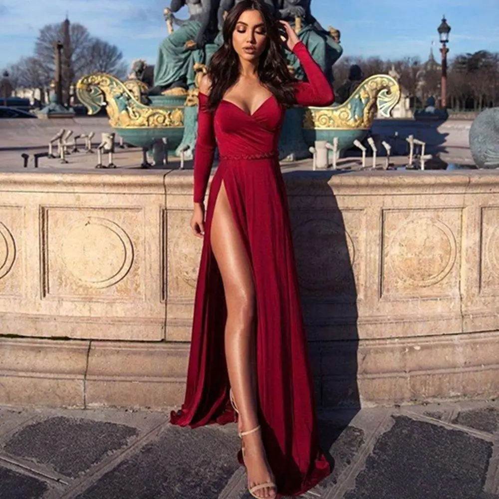 

Sexy Burgundy A Line Prom Dresses Long Sleeve Formal Party Evening Gowns High Slit Pageant Gown robes de soirée