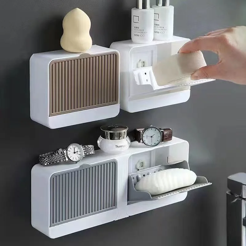 

No Punching Wall Hanging Double Lattice Clamshell Soap Box Toilet Cover Soap Rack Bathroom Kitchen Soap Box Dish Storage