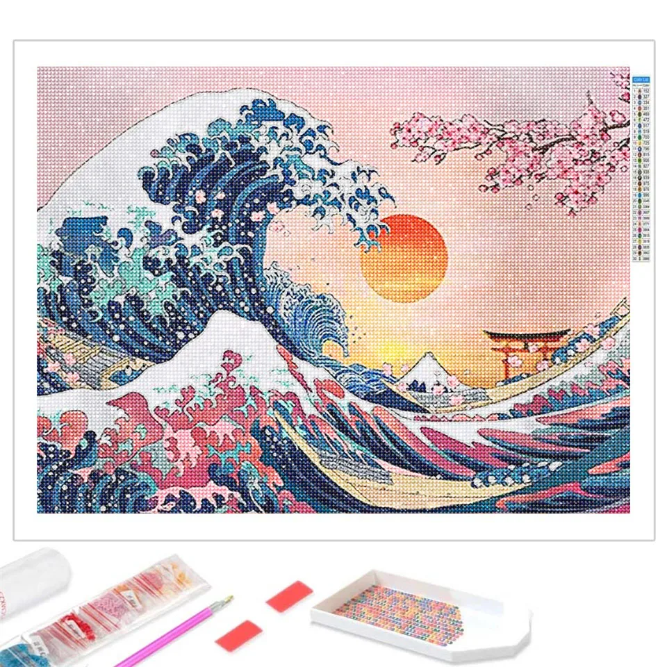 

5D Diamond Painting Great Wave with Sunset and Cherry Blossoms Full Diamond Embroidery Kanagawa Art Cross Stitch Home Decor Gift