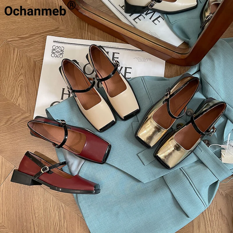 

Ochanmeb Women Gold SqaureToe Mary Jane Pumps Genuine Leather Low Heeled Buckle Burgundy Shoes For Woman Casual Chic 2023 Spring