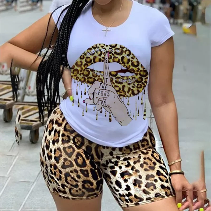 

Plus Size 5XL Two Piece Set for Women Tracksuit Lips Short Sleeve Top Leopard Shorts Sweat Suit 2 Pcs Outfits Matching Sets