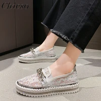 womens new vulcanized shoes 2022 summer ladies rhinestone chain slip on comfy loafers 35 43 large sized breathable flat shoes