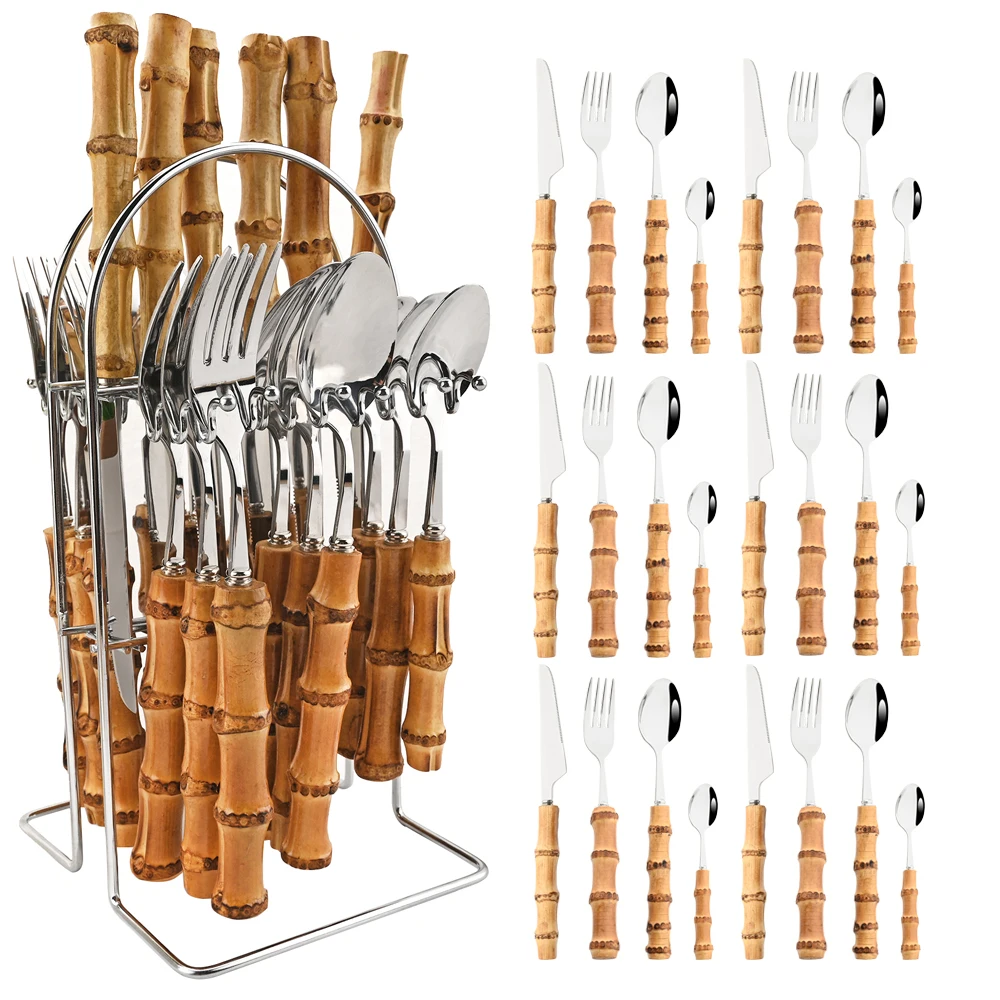 

24/32Pcs Bamboo Handle Silver Tableware Stainless Steel Dinnerware Vintage Knife Fork Spoon Flatware Cutlery Set with Rack Set