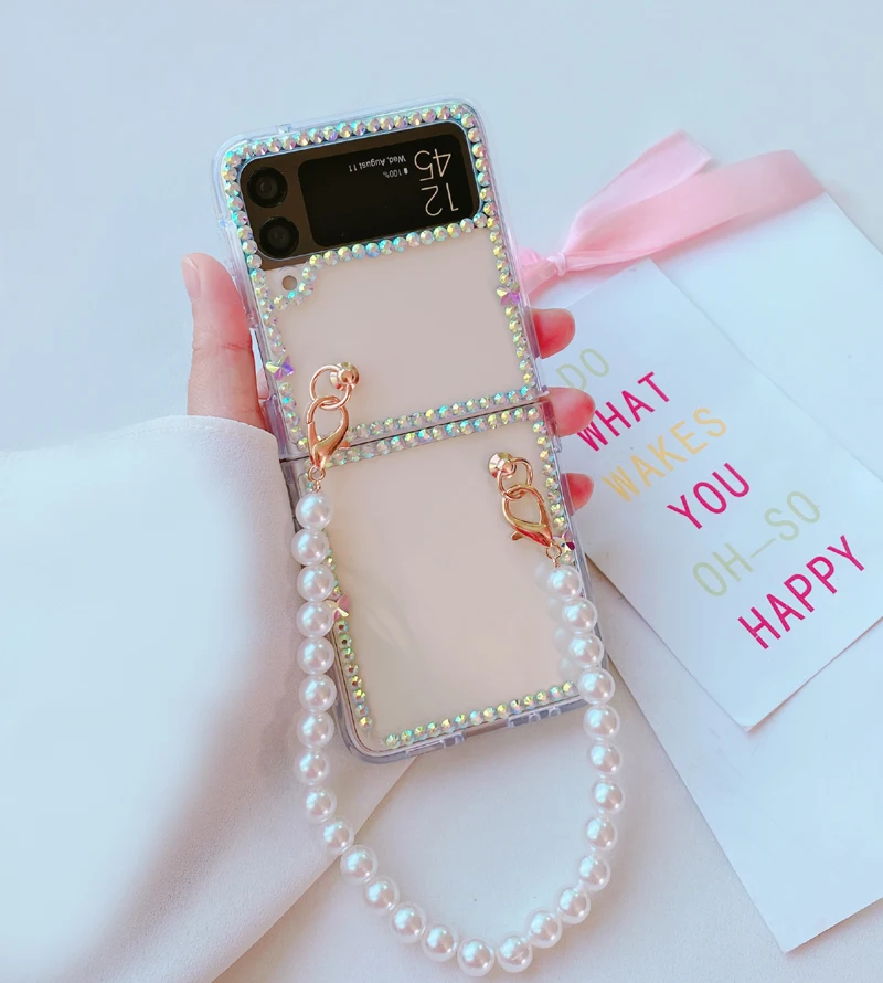 

Fashion Pearl Bracelet Chains Phone Case For Samsung Galaxy Z Flip 3 ZFlip 3 ZFlip 5G Bling Diamond Crystal Clear Case Cover
