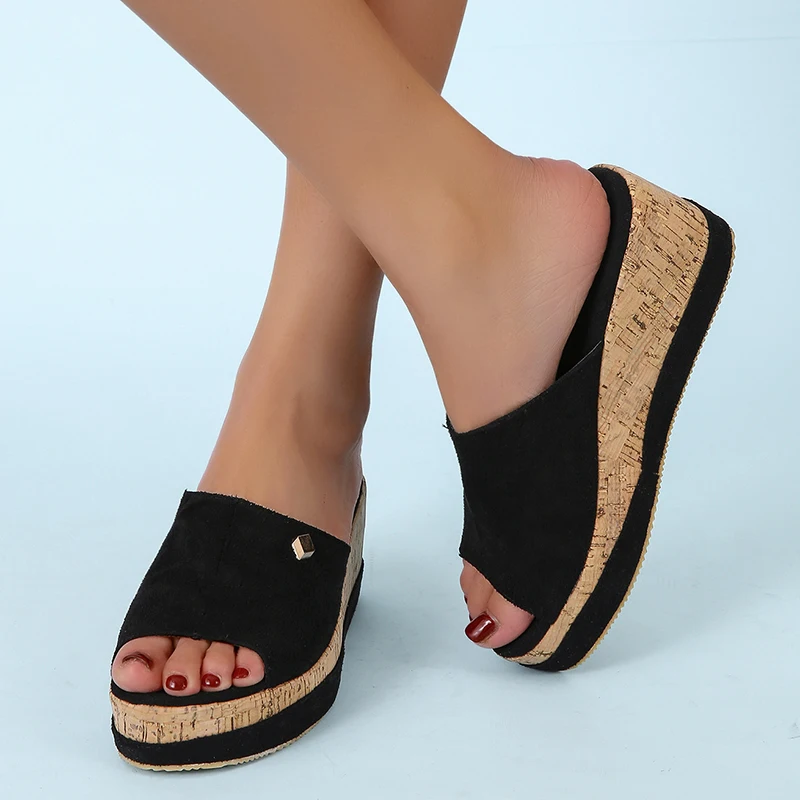 

Rimocy Summer Wedges Slippers for Women Fashion Flock Thick Platform Plus Size Sandals Woman 2022 Open Toe Casual Beach Slides