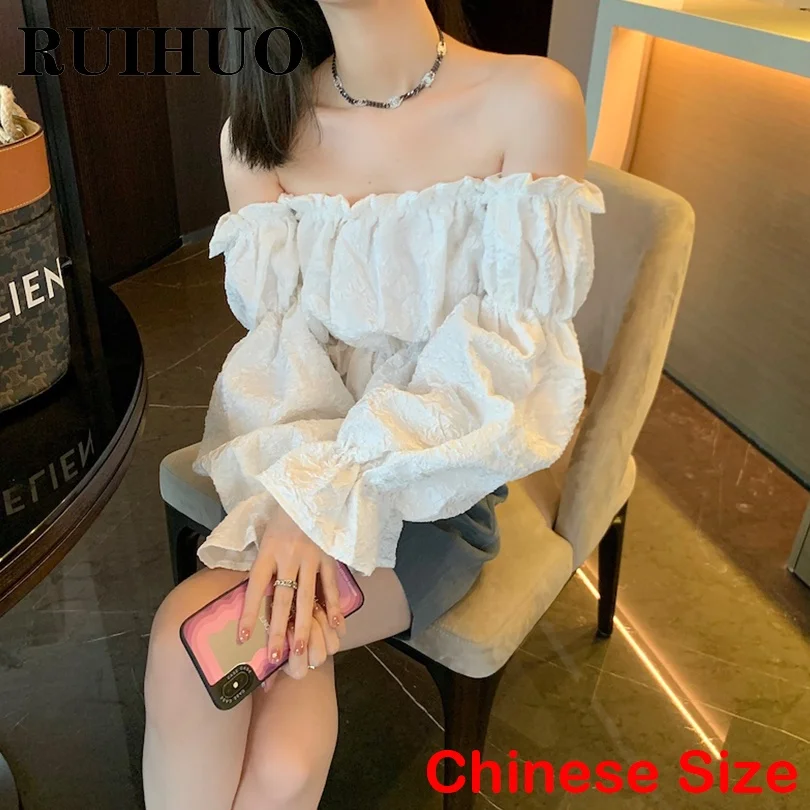 

RUIHUO Off Shoulder Tops For Womens Blouse Tops Korean Fashion Blouses For Women Fashion 2022 Chinese Size XS-M New Arrivals
