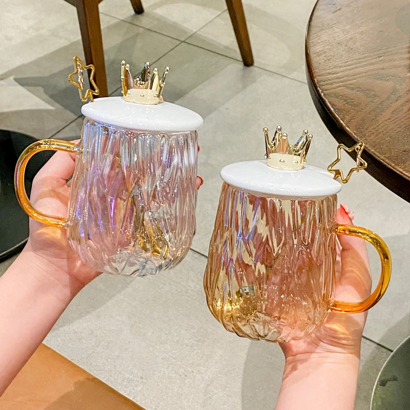 

Heat-Resistant Glass Water Cup Crown Milk Mug High Value With Lid Spoon Male And Female Couple Coffee Cup Household Drinking Cup