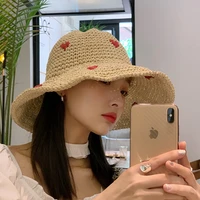 new summer girl woman beach outdoor sunscreen casual fashion retro solid color flower simplicity decorate weaving bucket cap