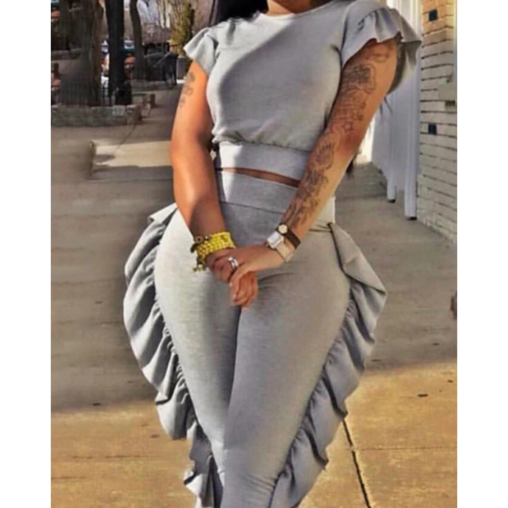 Elegant Women Ruffle Hem Short Sleeve Top & High Waist Skinny Pencil Pants Set Two Pieces Suit Set Sexy y2k Clothes Korean Style