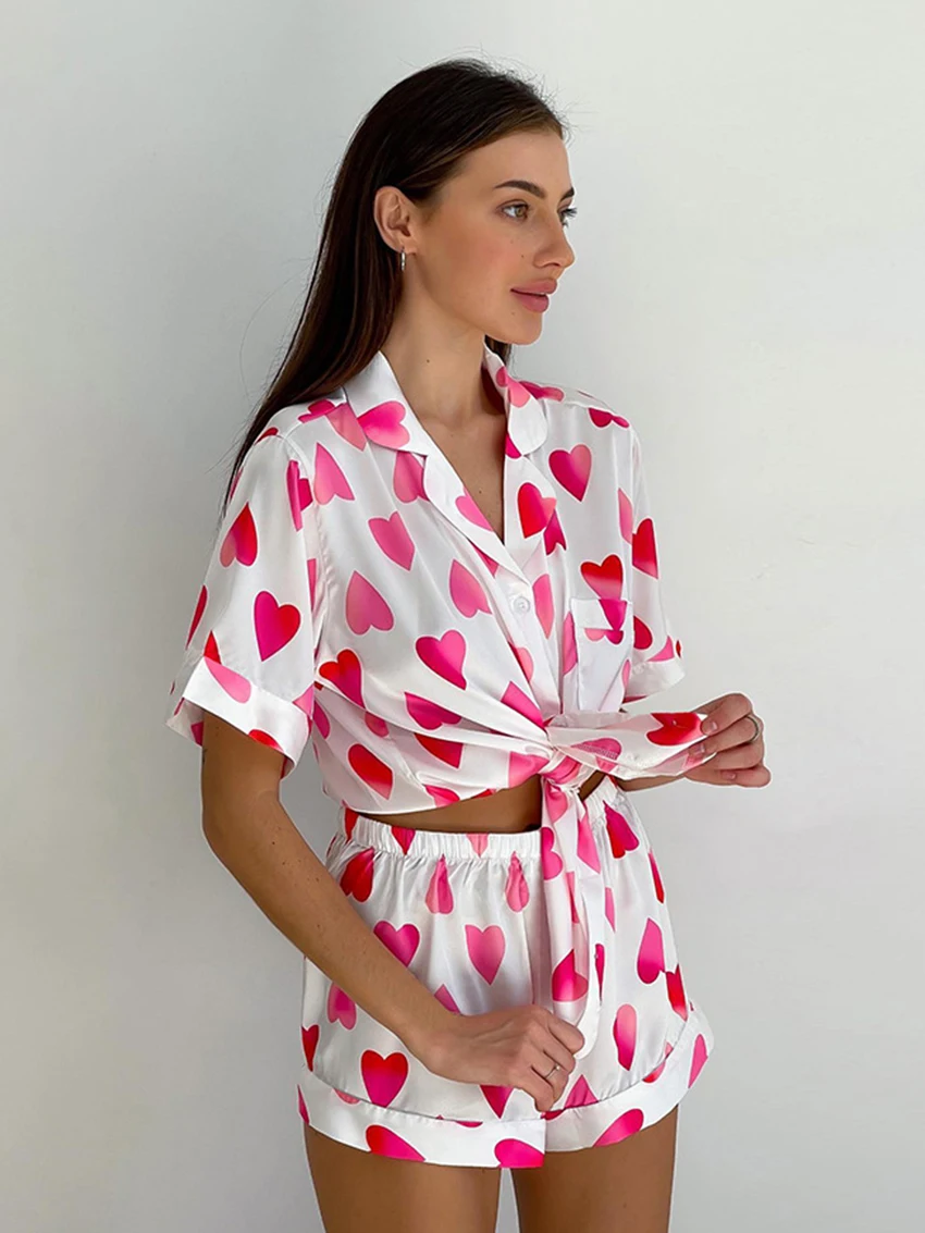 Marthaqiqi Printing Love Women Pajamas Sets Sexy Turn-Down Collar Nightwear Short Sleepwear Shorts Women'S Casual Summer Suits