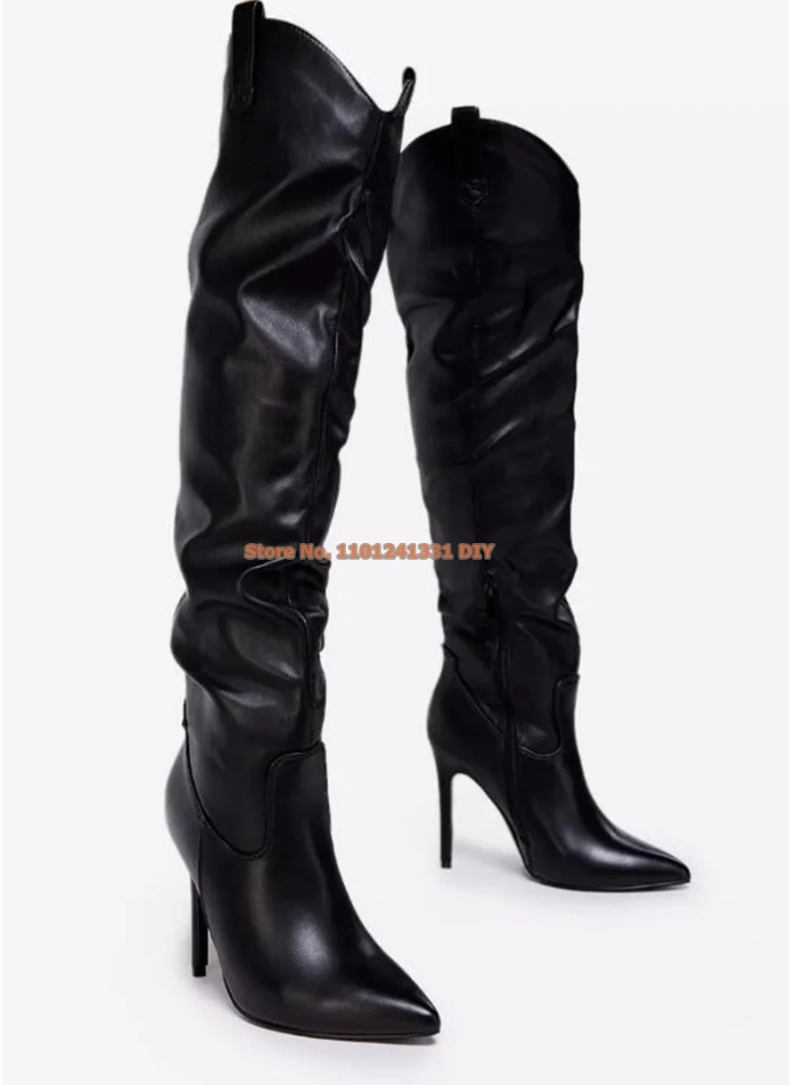 V Neck Black Leather Over The Knee Thin High Heeled Long Boot Women Thigh High Concise Boots