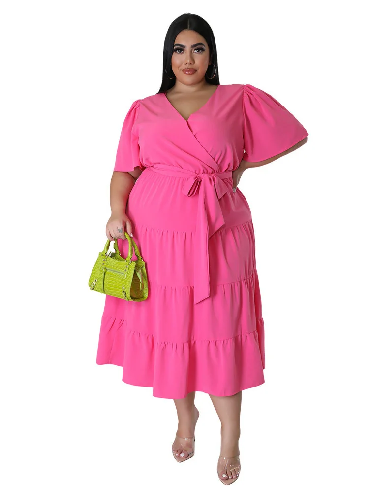 Plus Size Dresses for Women v Neck New in Summer Clothes Solid Elegant with Bandage Maxi Dress Wholesa 3xl 4xl 5xl 6xl