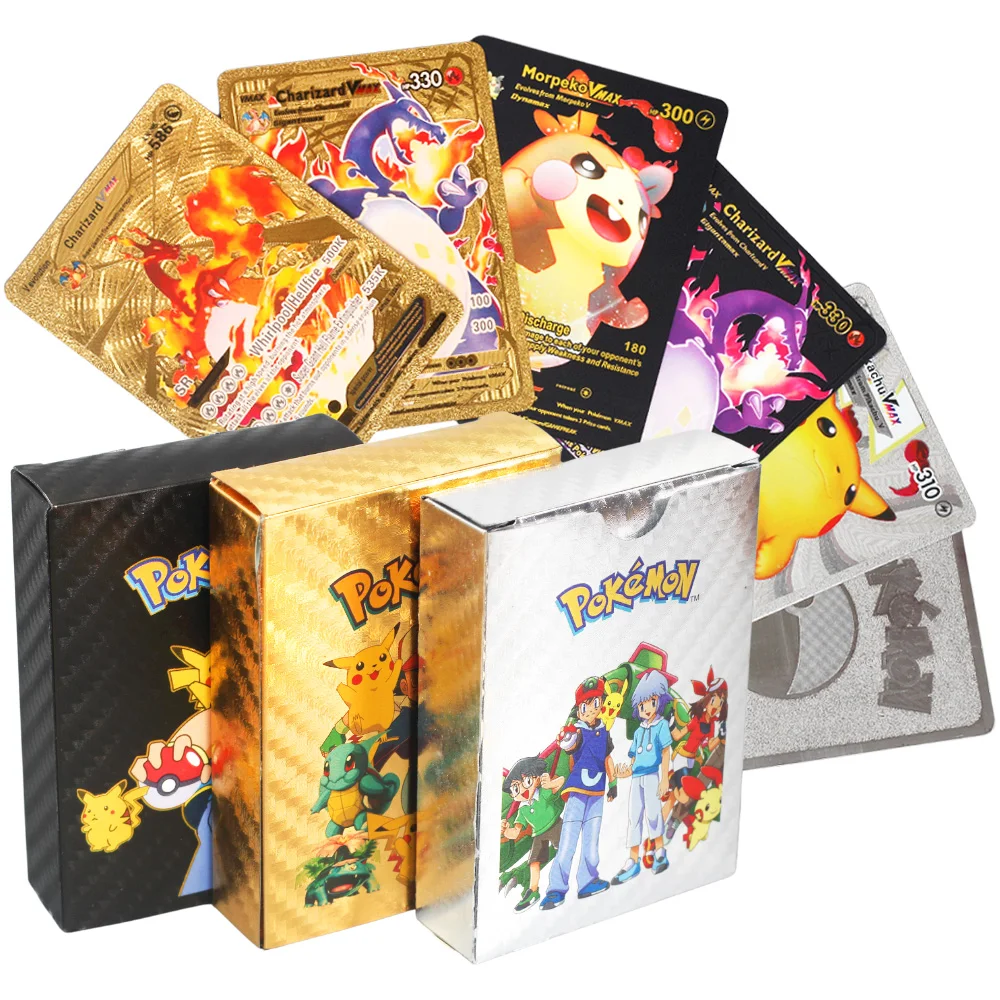 

27-54pcs קלפי פוקימון ברזל Pokemon Cards Metal Shiny Card GX Vmax PIKACHU Charizard Golden Rare Collection Kids Game Toys Gifts