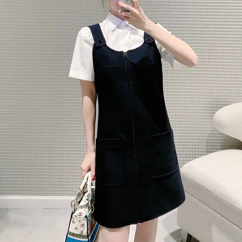 

22 Women Summer Sundress Women's Black Mini Dress Elegant Chic Suspender Back Zip Dresses Casual Female Square Neck Buckle Robe