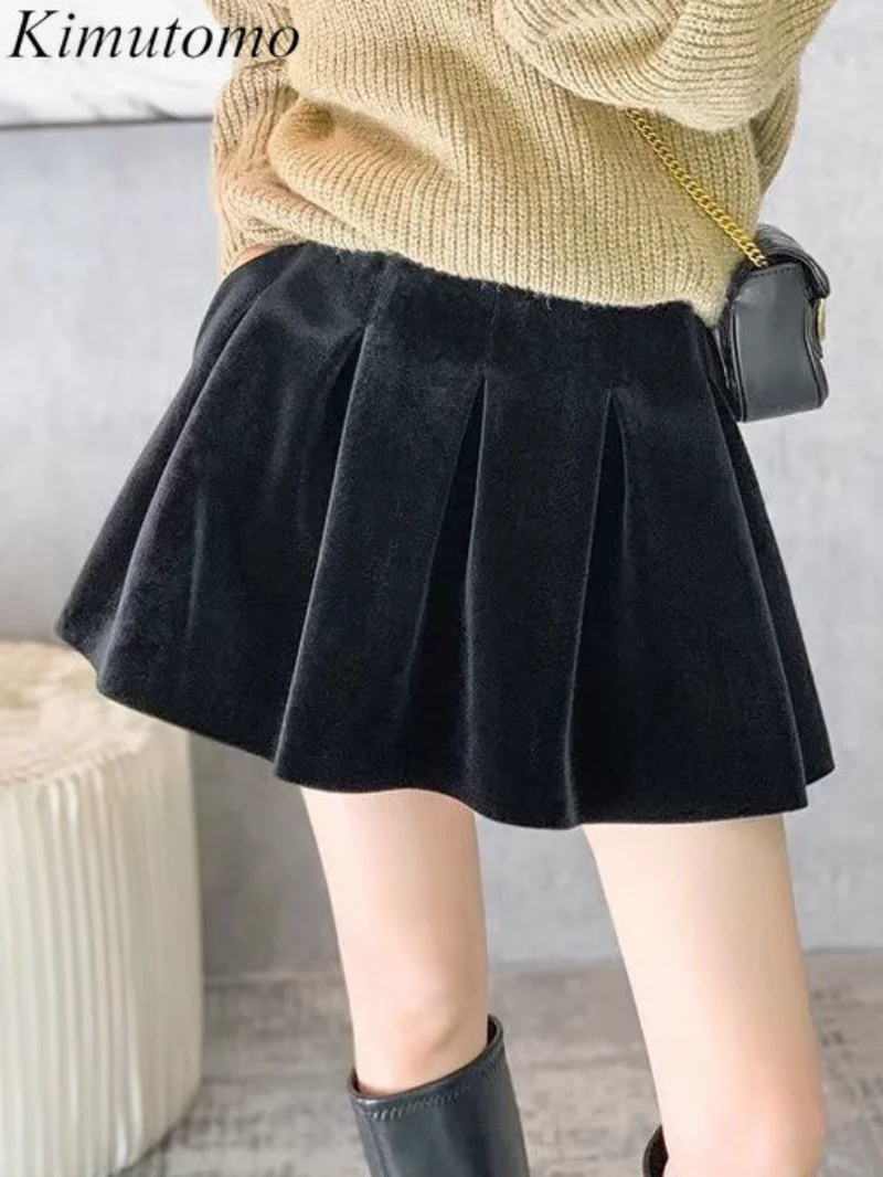

Элегантная свободная золотистая бархатная юбка-пачка Kimutomo трапециевидной формы, женская мягкая Однотонная юбка с высокой талией, юбки в ск...