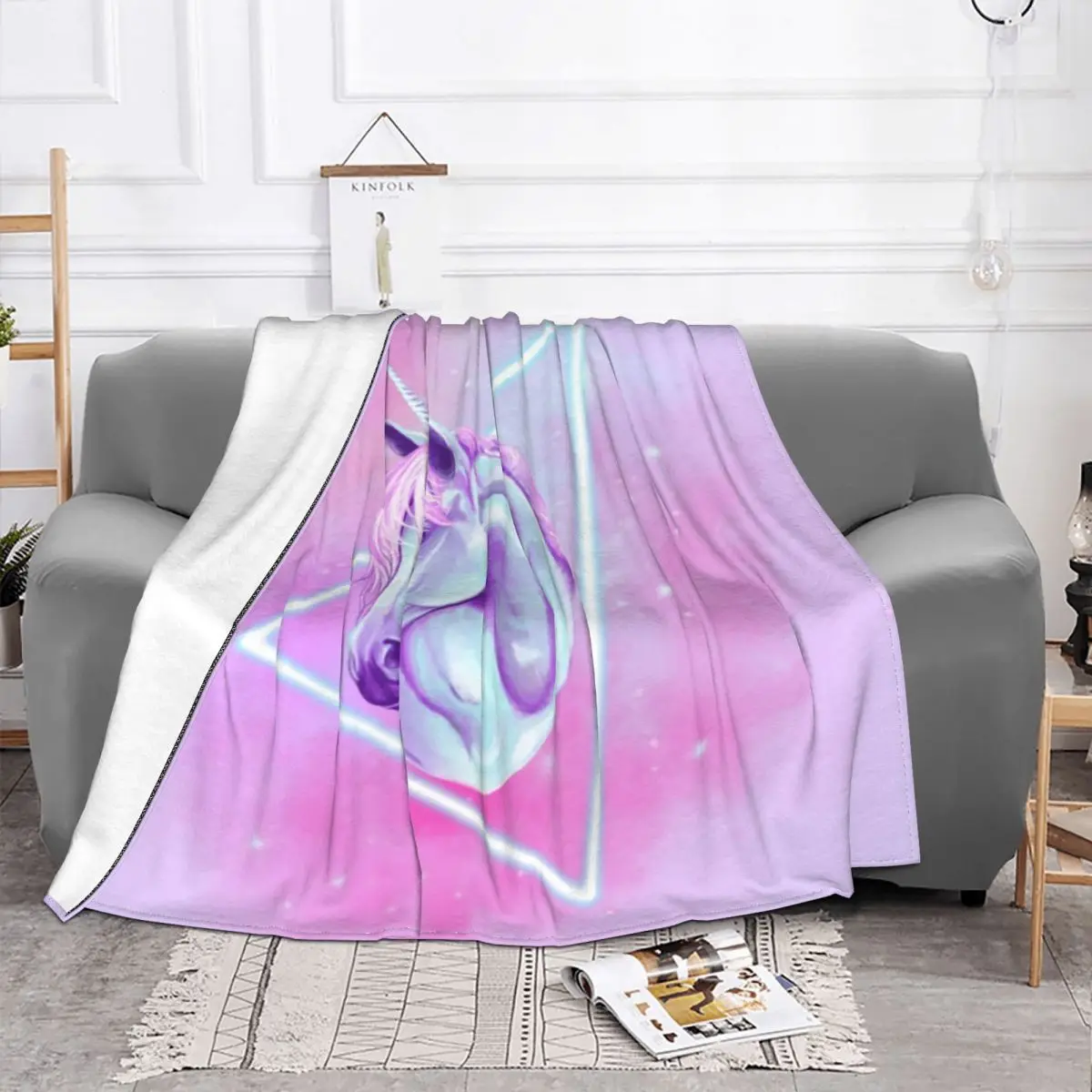 

Волшебные одеяла с единорогом в стиле 80-х, защищающие от пиллинга, с бархатным принтом, мифические портативные теплые одеяла для кровати, офиса, постельных принадлежностей