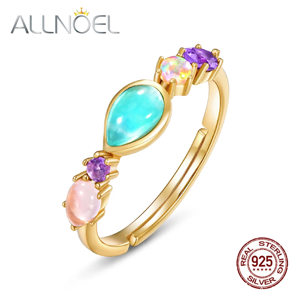 

ALLNOEL Solid 925 Sterling Silver Ring For Women Natural Amazonite Synthetic Amethyst/ Opal /Rose Quartz /Mutil Gems Ring Gift