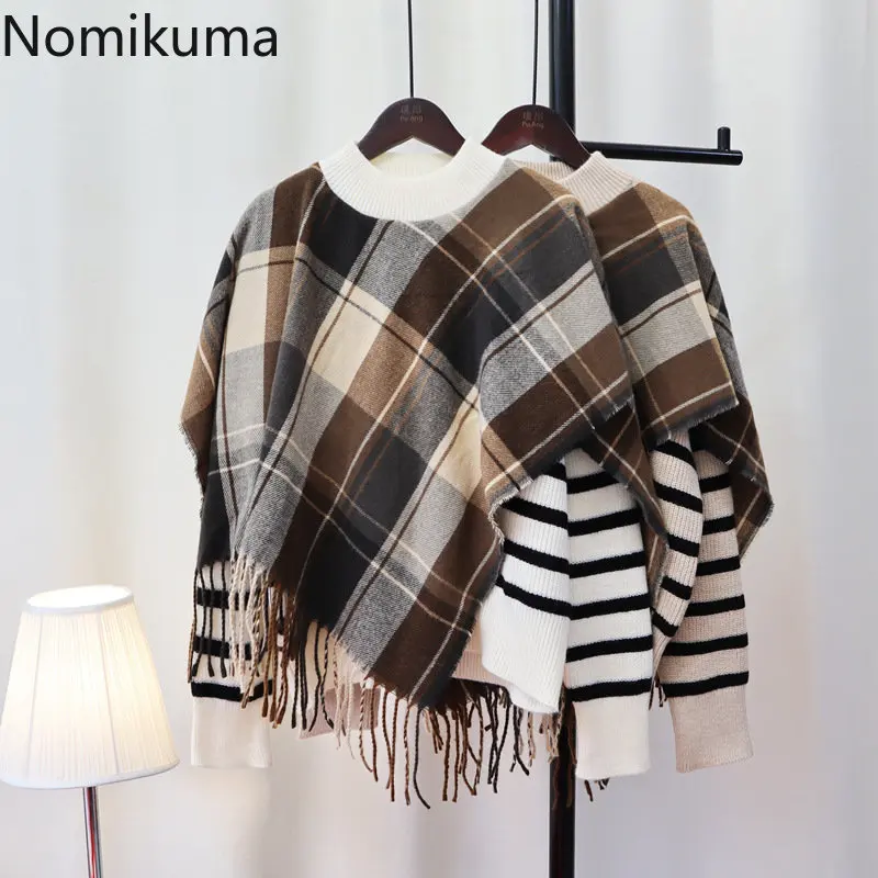 

Nomikuma Pull Femme осень-зима шаль пэчворк полосатый вязаный свитер женский винтажный Модный Элегантный Повседневный пуловер для женщин