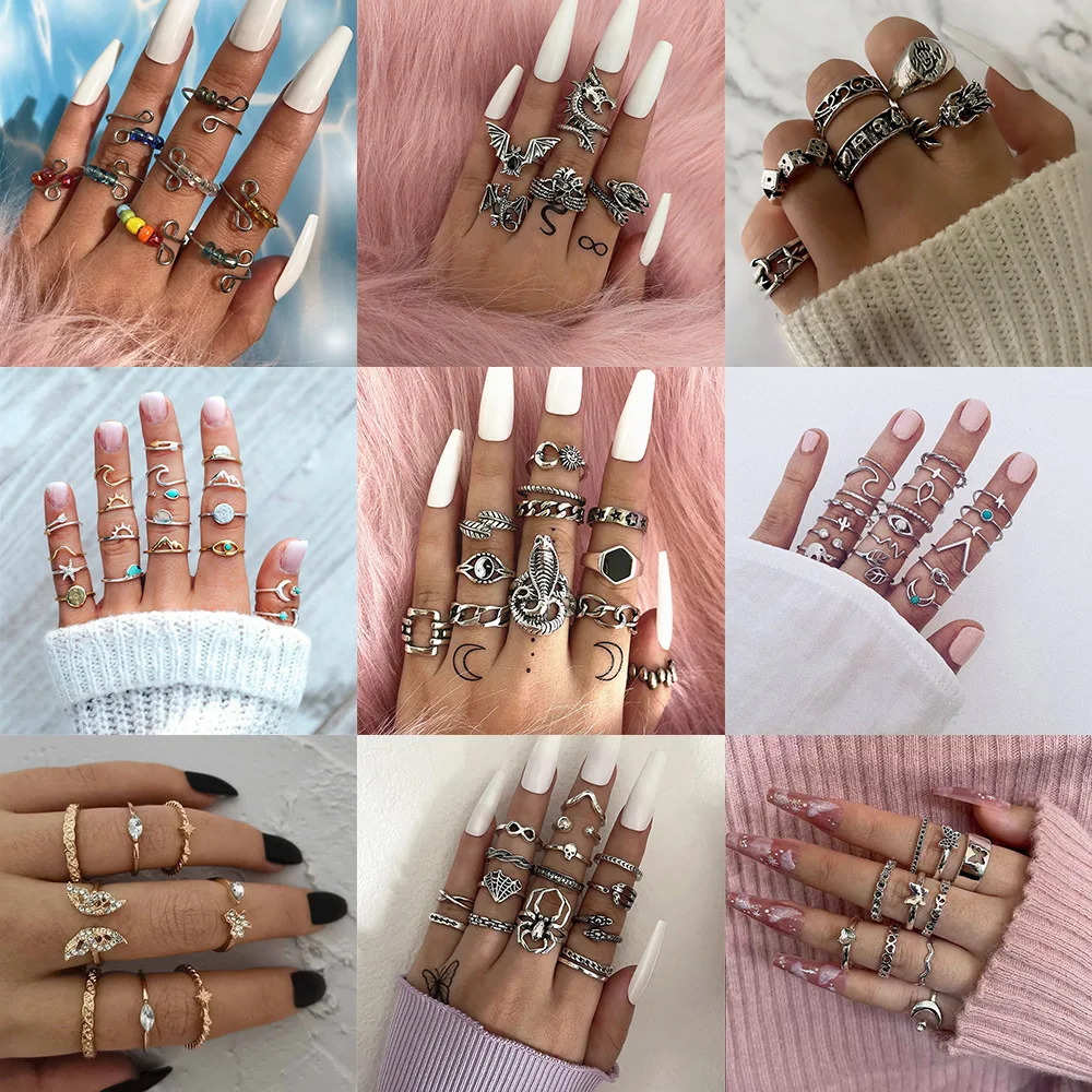 

Classic Retro Gossip Snake Chain Ring Set Women Never Fading Bohemian Style Jewelry Set Love Butterfly Skull Wholesale