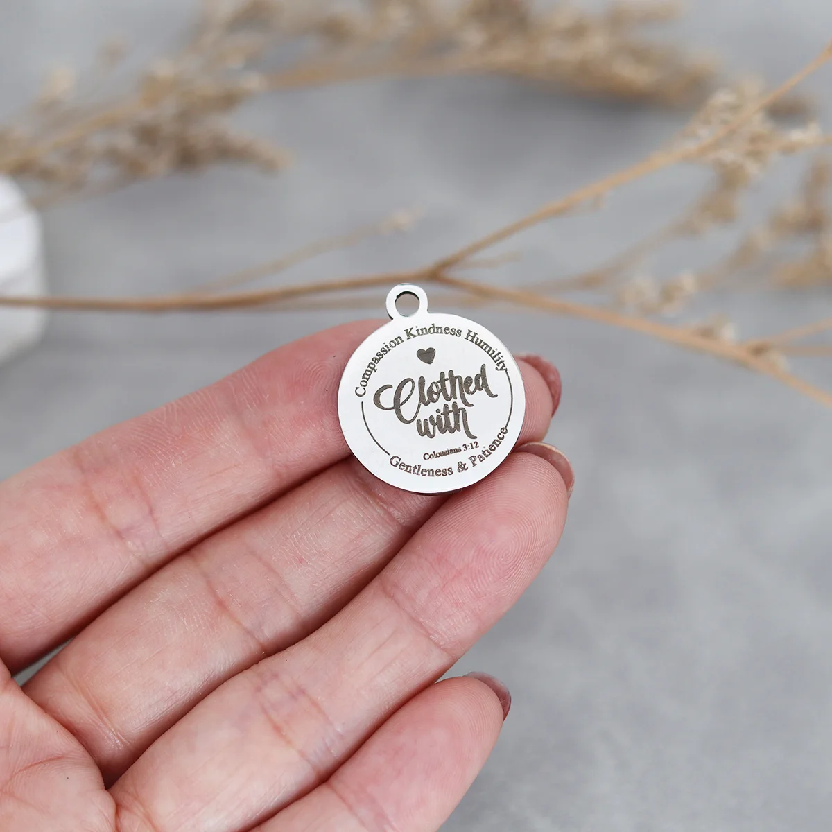 

3Pcs/lot Stainless Steel Laser Engraved Clothed with Compassion Kindness Humility Gentleness & Patience Colossians Charm Pendant