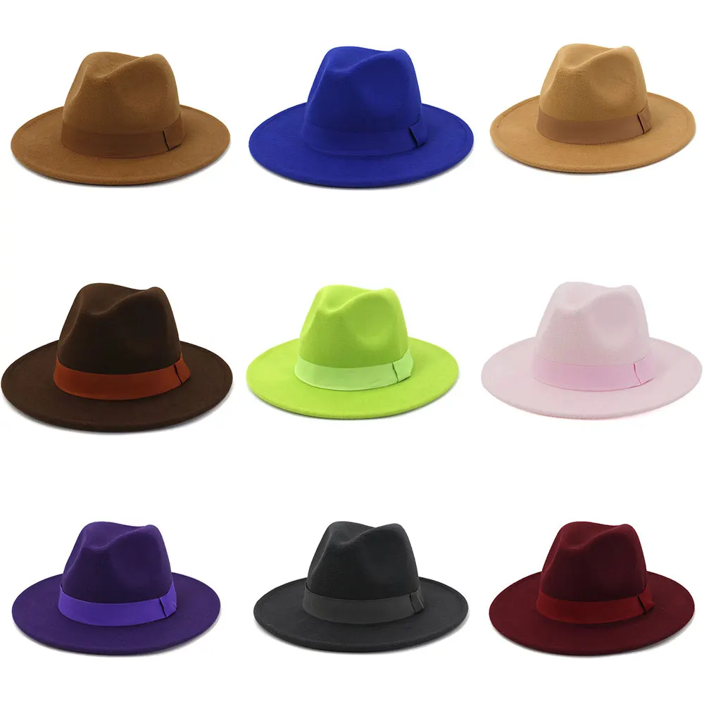 

2023 Women and men's 7cm brim solid color wide brim wool felt jazz Fedora hat Panama party hat wholesale