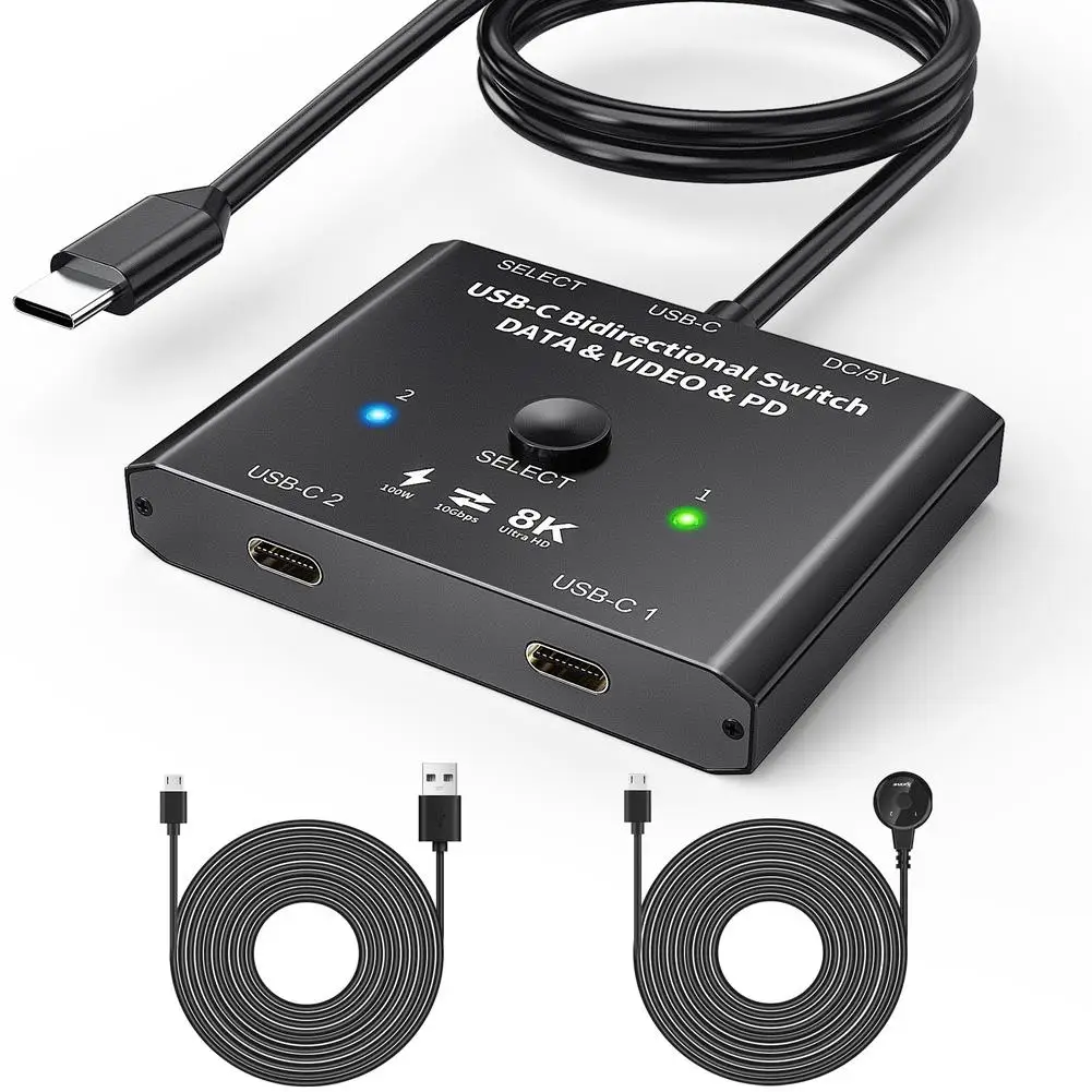 

2-way Data Video Switcher 2 In 1 Out / 1 In 2 Out 100w Usb C Switcher Selector 8k 10gbps Hd Splitter