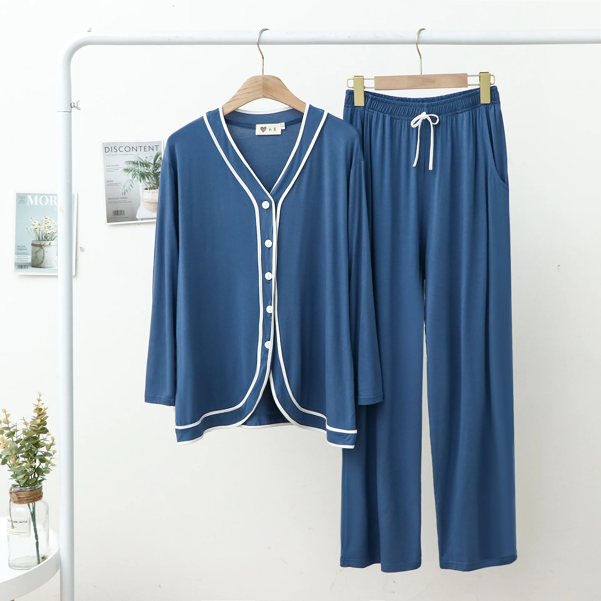 Modal Pajamas Women Tracksuit Cardigan Hemming Long Sleeve Trousers Two Piece Set Pocket Solid Color Leisure Suits Lounge Wear